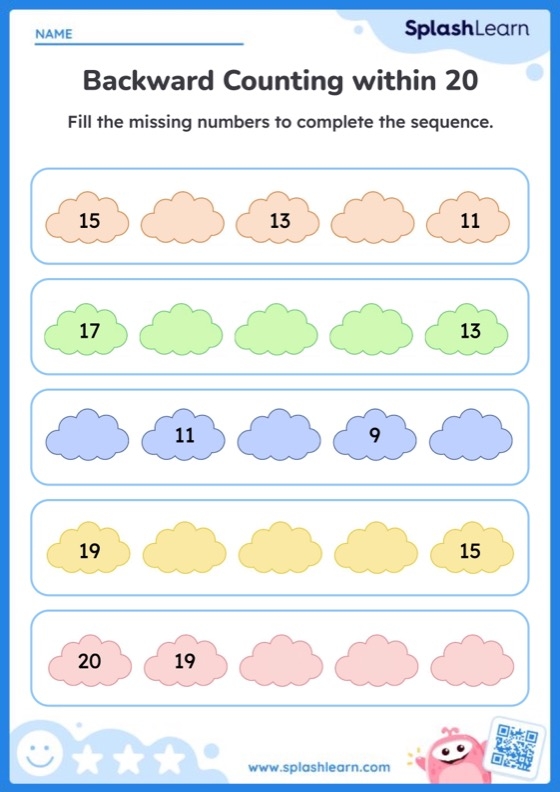Counting forward exercise for young learners with gaps in number sequences Kindergarten math worksheet with missing two-digit numbers to count forward
