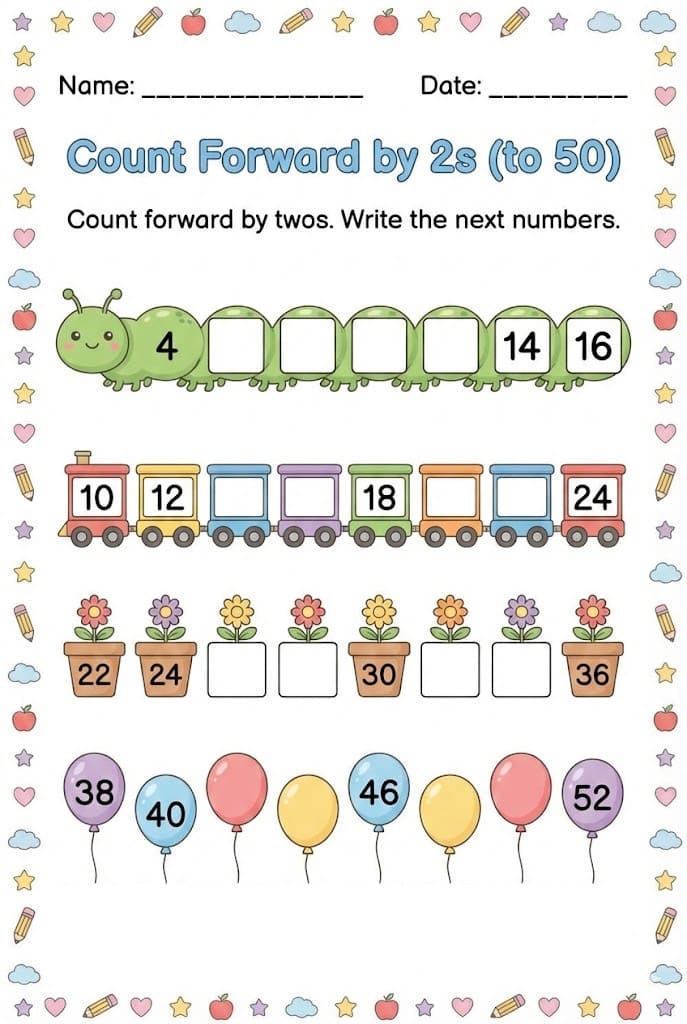 Counting forward activity with missing numbers for young learners number 15 Kindergarten worksheet showing missing two-digit numbers to count forward