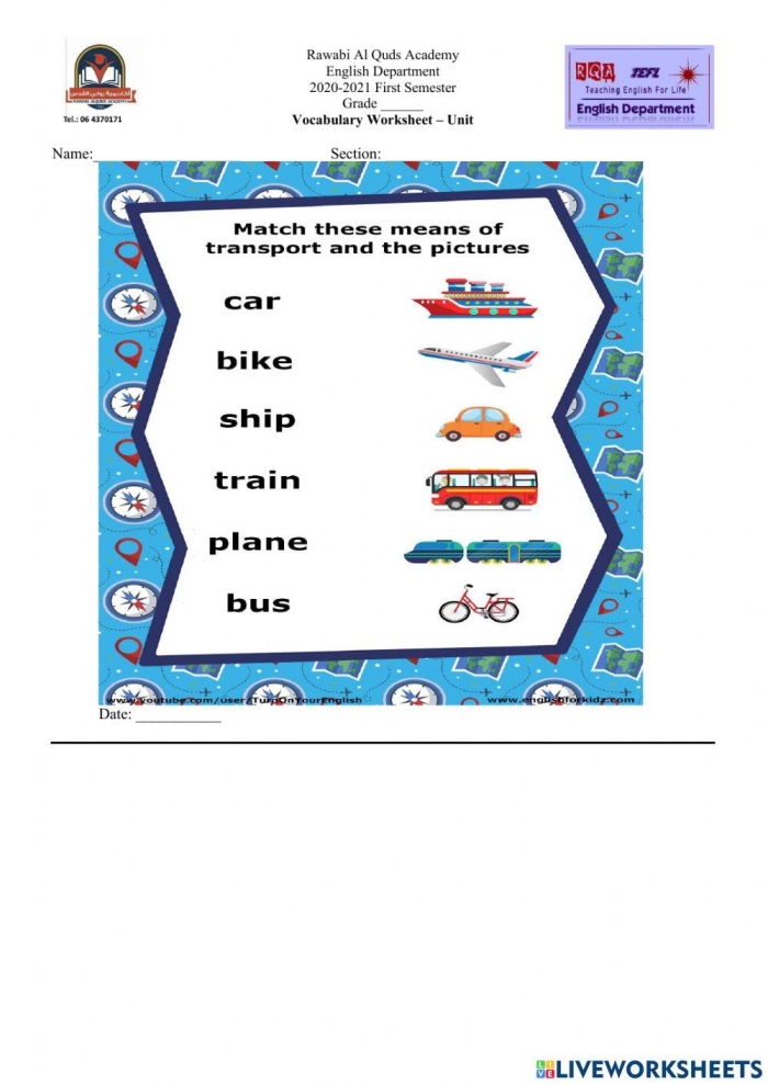 Multiplication activity with various transportation modes for young learners, worksheet image 22 Kindergarten Transportation Match-Up worksheet featuring land, air, and water vehicles for multiplication practice