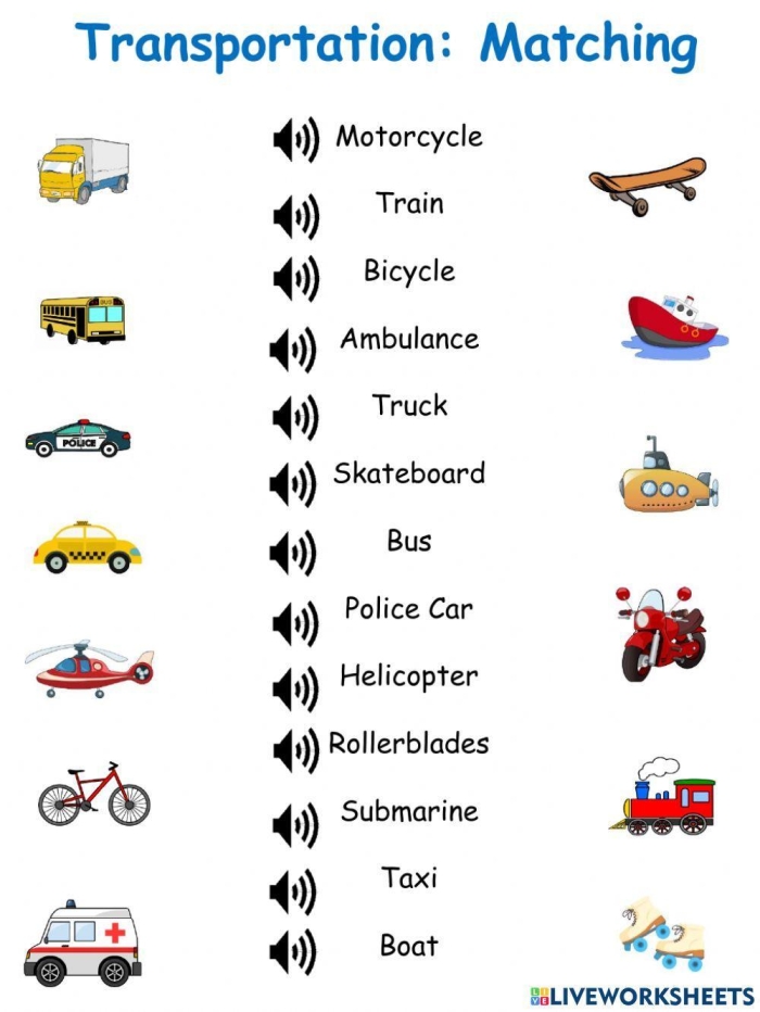 Multiplication activity with various transportation modes for young learners, image 3 Kindergarten transportation match-up worksheet featuring land, air, and water vehicles for multiplication practice