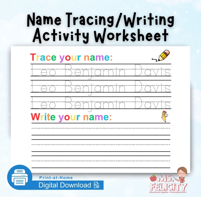 Kindergarten student practicing writing their full name on an end of year assessment worksheet