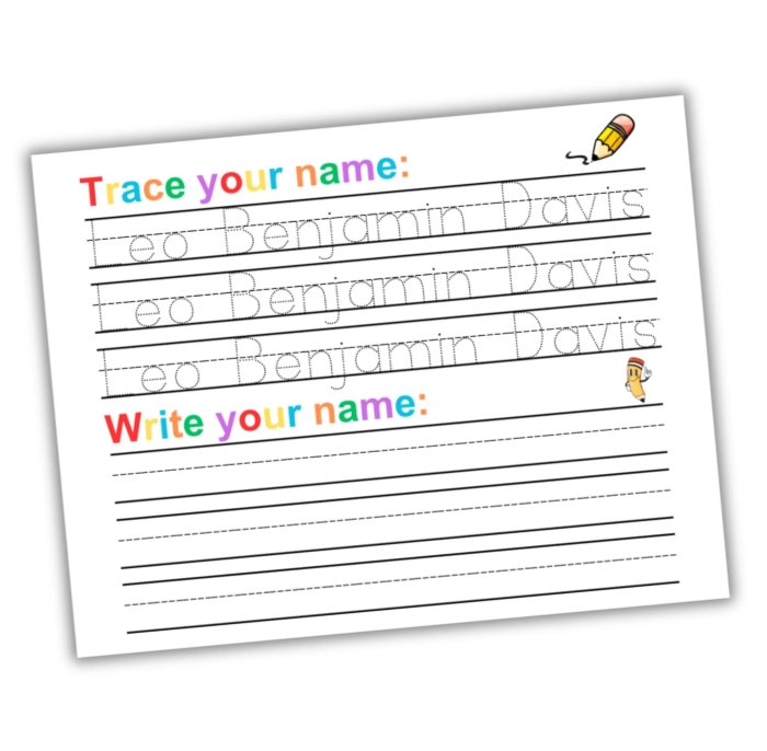 Kindergarten student practicing writing their full name on an end of year assessment worksheet