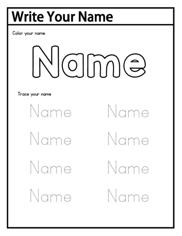 Kindergarten student practicing writing their full name on an end of year assessment worksheet