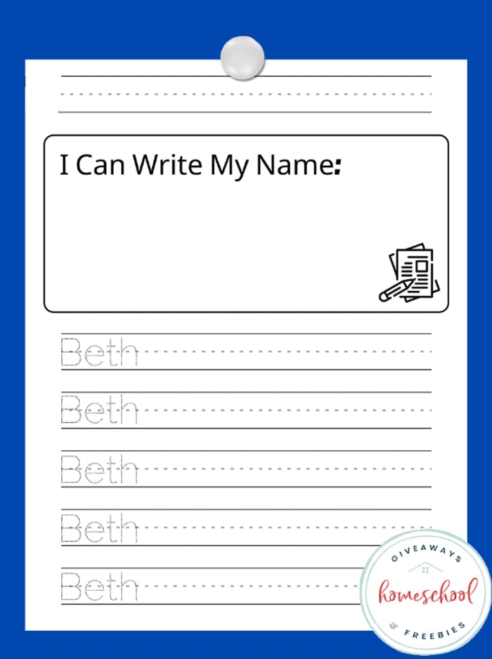 Kindergarten student practicing writing their full name on an end of year assessment worksheet