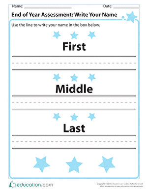 Kindergarten student practicing writing their full name on an end of year assessment worksheet