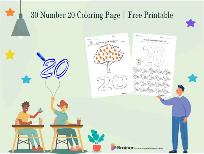 Kindergarten worksheet with 20 teacups to color and count for number recognition