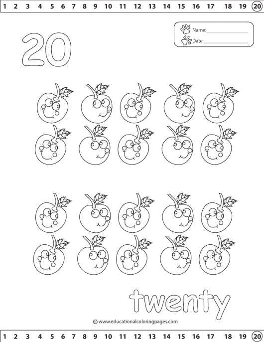 Kindergarten worksheet with 20 teacups to color and count for number recognition