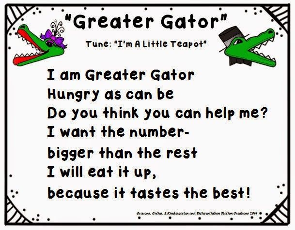 Kindergarten worksheet showing Greater Gator 2 activity with numbers and comparison symbols