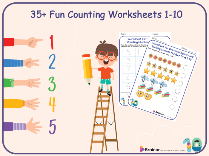Counting manipulatives activity for numbers 1 through 10 to support early math skills in kindergarten students Kindergarten worksheet featuring counting manipulatives from 1 to 10 with pictures to help students learn number order