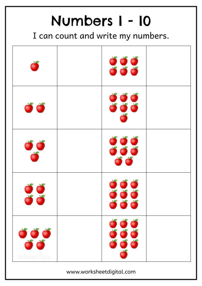 Counting and ordering practice worksheet for young learners with numbers 1 to 10 Kindergarten worksheet for counting and ordering numbers 1 through 10 with manipulatives