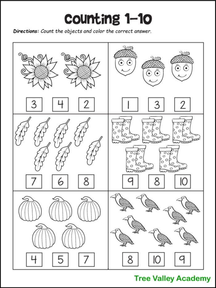 Counting manipulatives activity sheet for numbers 1 through 10 in a community and culture context Kindergarten worksheet featuring counting manipulatives from one to ten with pictures for number recognition