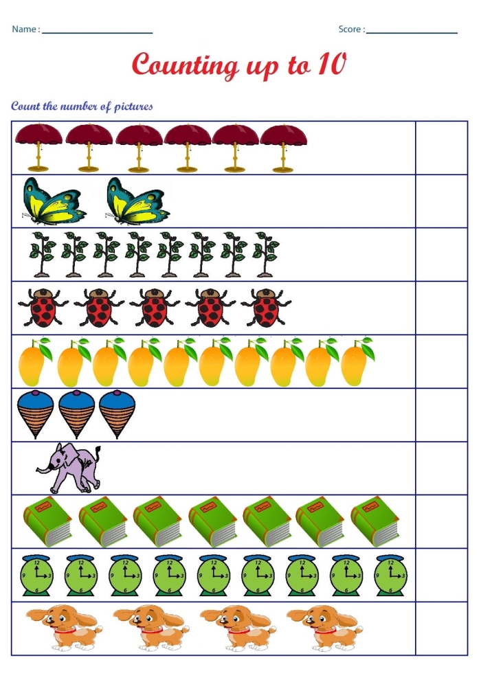 Counting and ordering numbers 1 through 10 in a hands-on activity for young learners Kindergarten worksheet with colorful counting manipulatives from 1 to 10 for number recognition