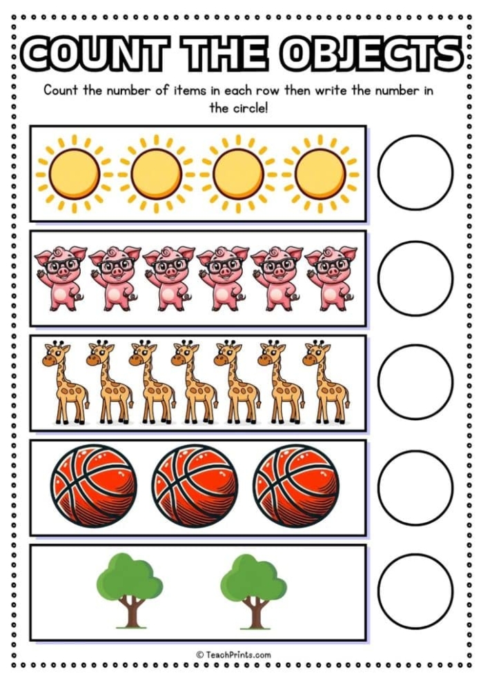 Counting manipulatives activity for learning numbers 1 through 10 in a classroom setting Kindergarten worksheet showing colorful counting manipulatives from 1 to 10 for number recognition