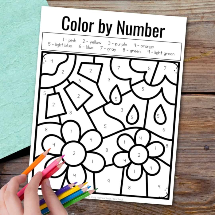Color by Number Flower activity for young learners practicing number recognition Kindergarten flower coloring worksheet with numbers and number words to match