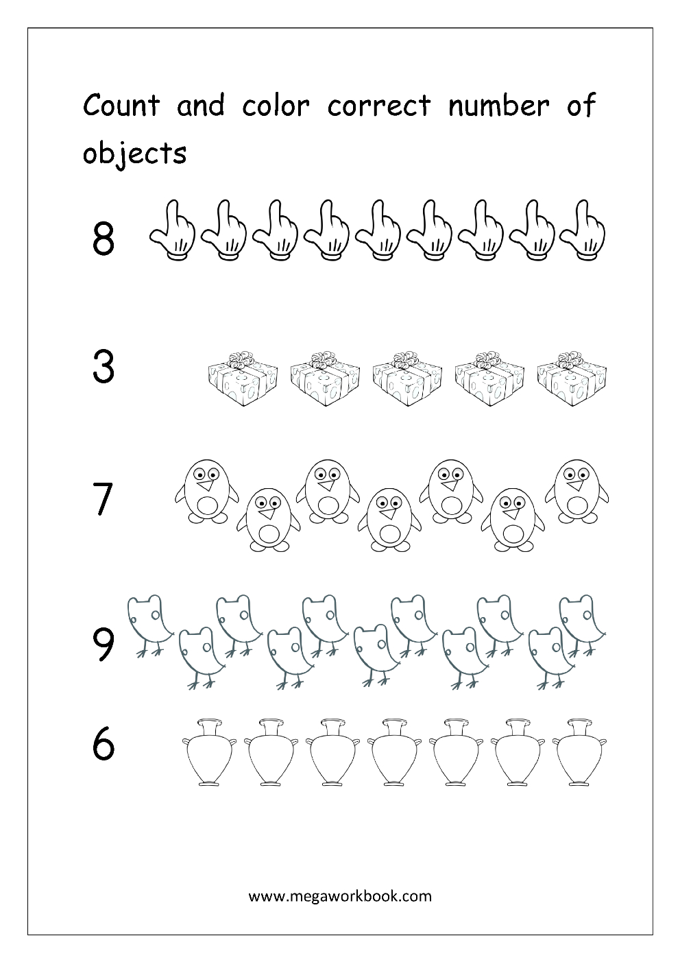 Counting and ordering numbers 1 to 10 activity sheet for early learners in community and culture class Kindergarten worksheet featuring counting manipulatives from 1 to 10 with colorful pictures for number recognition