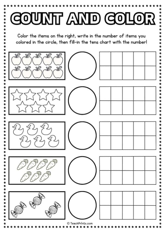 Counting manipulatives activity for young learners practicing numbers one through ten Kindergarten worksheet featuring counting manipulatives from 1 to 10 for number recognition