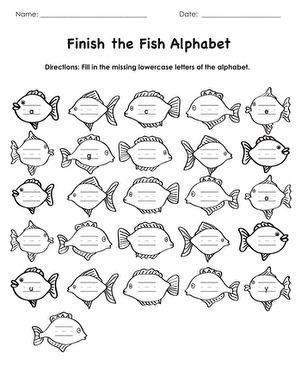 Finish the Fish Alphabet worksheet for practicing lowercase letters in a fun ocean setting Kindergarten worksheet showing ocean fish with missing alphabet letters for kids to complete