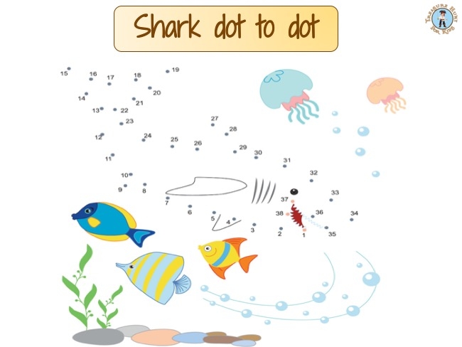 Connect-the-dots coloring page featuring a shark for young learners, image 20 Kindergarten Shark Dot to Dot worksheet for counting and drawing practice with an ocean theme