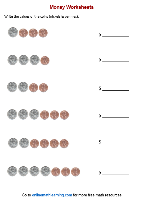 Identifying pennies among mixed coins activity for early learners A kindergarten student circling and counting penny coins among other coins on a math worksheet
