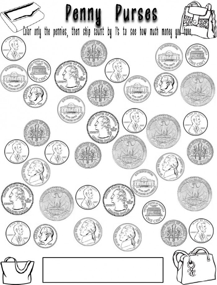 Coins Pick the Pennies Math Worksheet for Kindergarten Learners A kindergarten math worksheet showing various coins with pennies highlighted for students to identify and pick out from a group of mixed coins