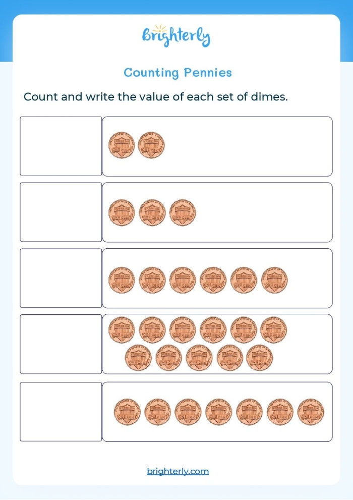 Pick out the pennies from the mixed coins activity sheet for early learners Kindergarten student identifying and circling pennies among other coins on a math worksheet
