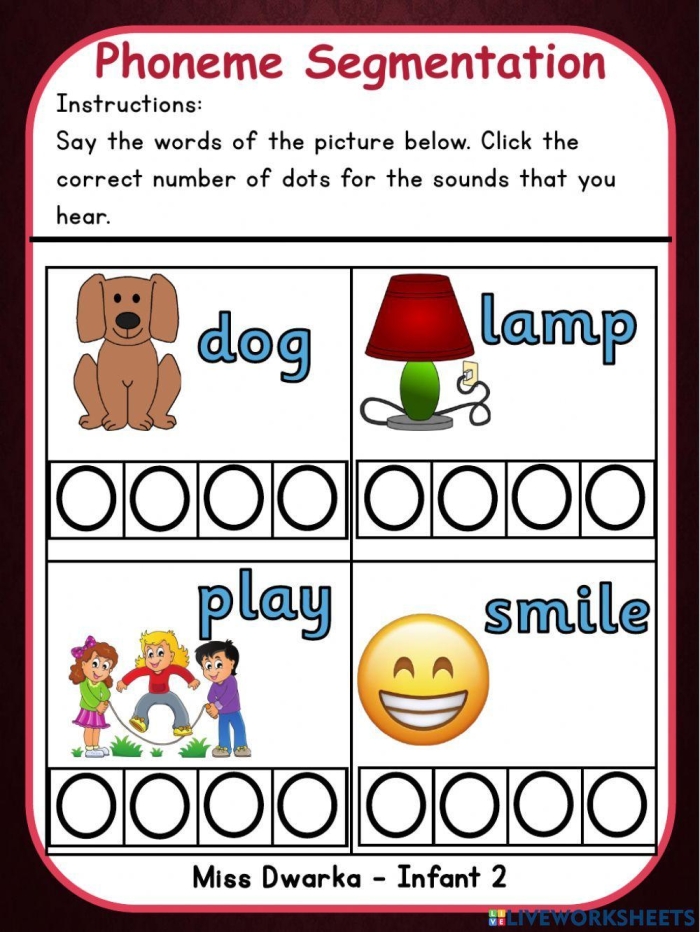 Kindergarten segmenting word study assessment worksheet for end of year evaluation Kindergarten student completing an end of year word segmenting worksheet to assess phonemic awareness