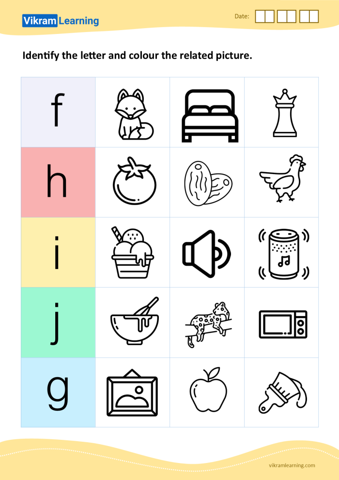 Phonics worksheet: Connecting sounds to letters F through J for young learners Worksheet featuring beginning sounds from F to J for phonics practice in kindergarten