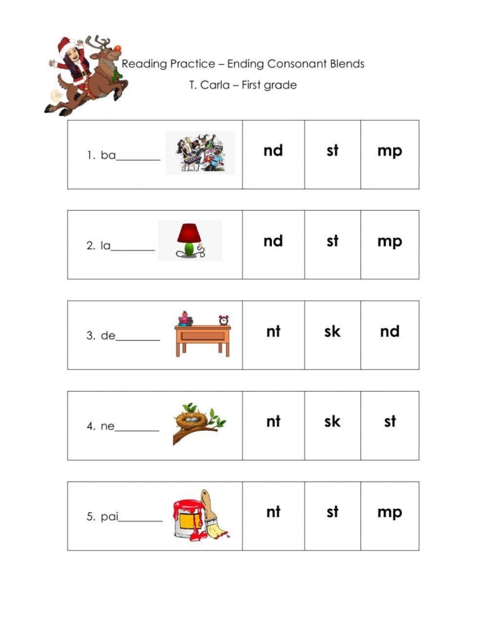 Ending blends review activity for young learners focusing on common word endings Kindergarten worksheet practicing ending consonant blends like mp, nk, and ft