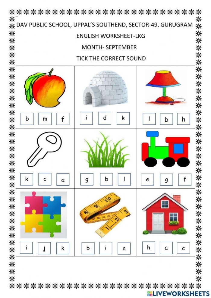 Initial Sounds Worksheet 13 B is for Bow Matching Activity Kindergarten student matching pictures to initial letter B with bow illustration for phonics practice