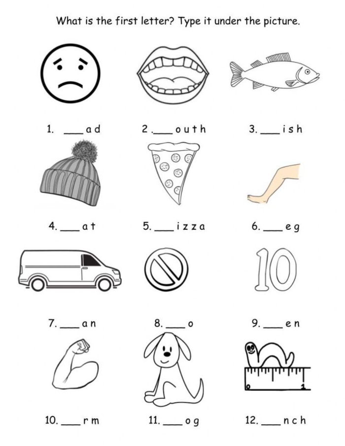 Initial Sounds Matching Activity for Letter B Practice Kindergarten phonics worksheet showing pictures matched to initial letter B with bow illustration