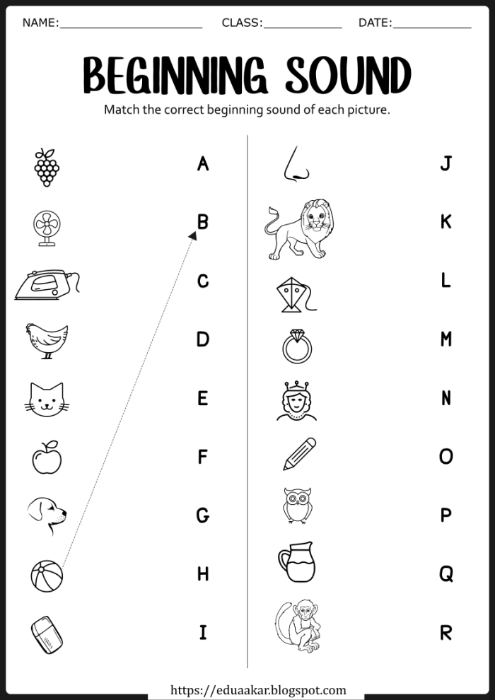 Initial Sounds Worksheet 15 B is for Bow Matching Activity Kindergarten student matching pictures to initial letter B with bow and other objects for phonics practice