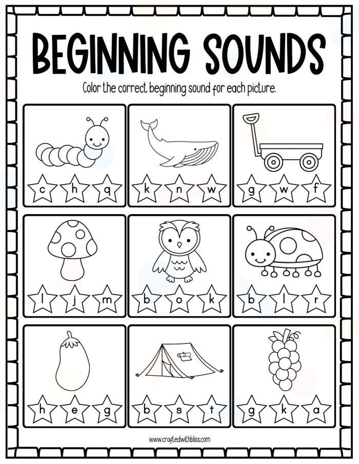 Initial sounds matching activity showing letter B words for early reading practice Kindergarten student matching pictures to initial letter B with bow and ball images on phonics worksheet