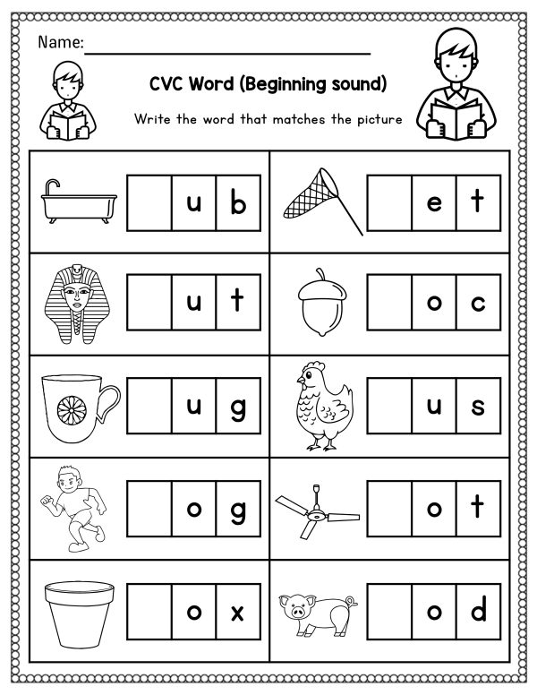 Segmenting sounds worksheet for kindergarten end of year word study evaluation 23 Kindergarten student completing an end of year word segmenting worksheet for phonics assessment