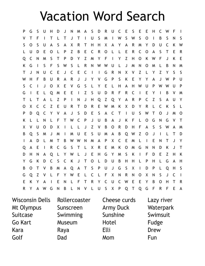Kindergarten vacation-themed word search puzzle for physical science learning