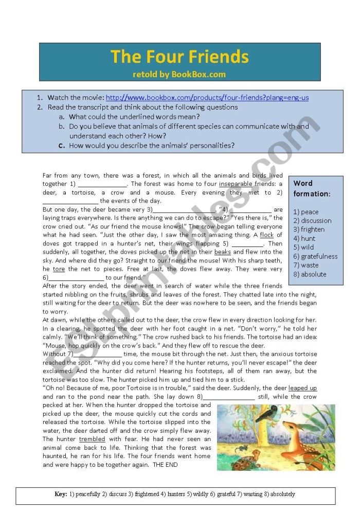 Kindergarten worksheet featuring The Four Friends poem and comprehension questions