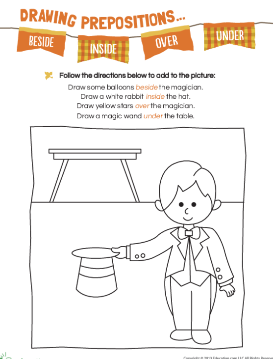 Worksheet 22 for drawing prepositions to enhance vocabulary and grammar skills Kindergarten students practicing prepositions by drawing scenes for a reading worksheet