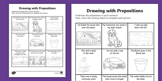 Engaging Drawing Prepositions worksheet for early reading and grammar skills development Kindergarten students practicing prepositions by drawing objects under, over, and up