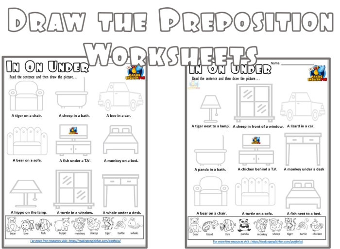 Engaging Drawing Prepositions worksheet for early reading skills development Kindergarten children practicing prepositions with a fun drawing worksheet
