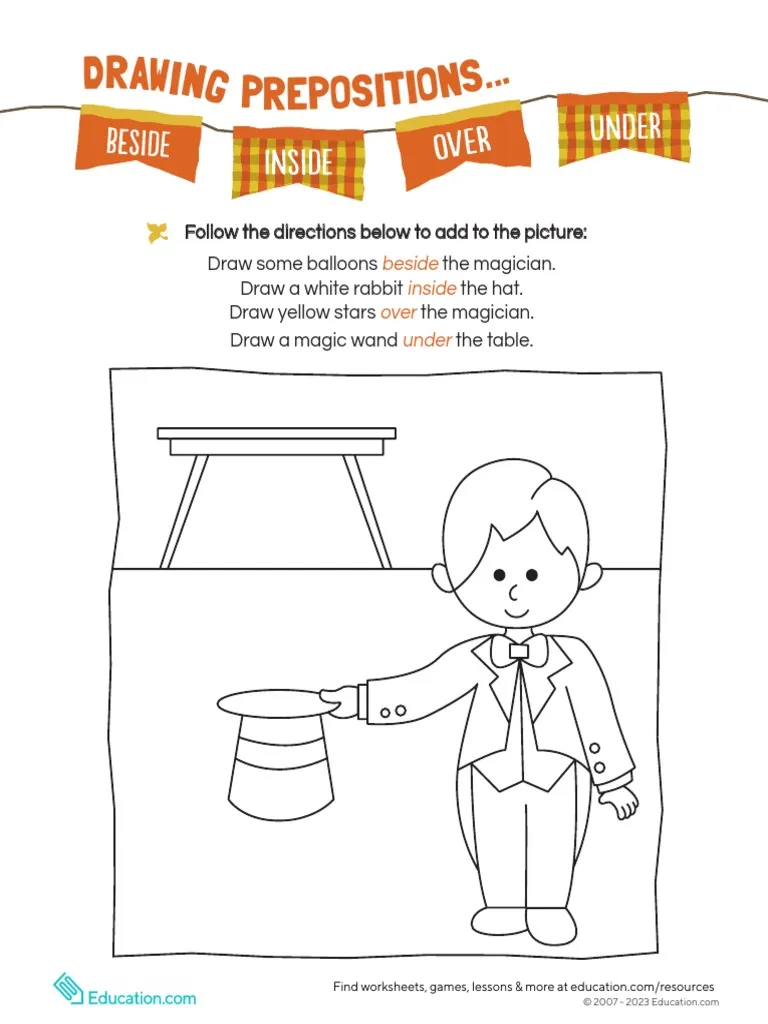 Worksheet 17 for practicing prepositions through drawing activities in early reading skills Kindergarten children drawing objects to illustrate prepositions like under, over, and up