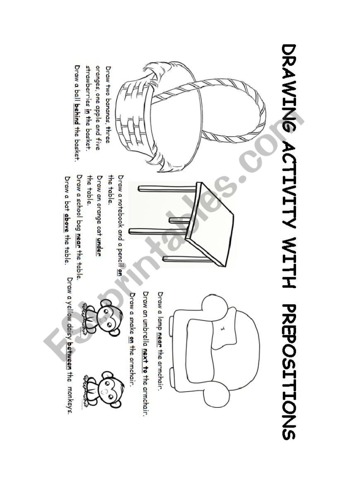 Enhance reading and grammar skills using Drawing Prepositions worksheet 12 Kindergarten children practicing prepositions with a fun drawing worksheet