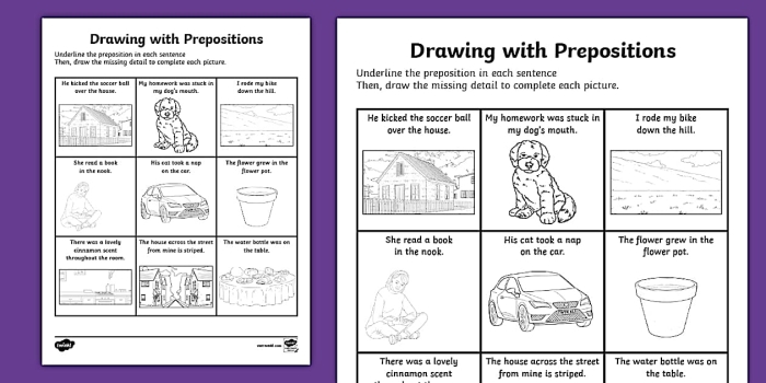 Worksheet for drawing prepositions to enhance vocabulary and grammar skills in young learners, image 18 Kindergarten children practicing drawing prepositions like under, over, and up on a worksheet