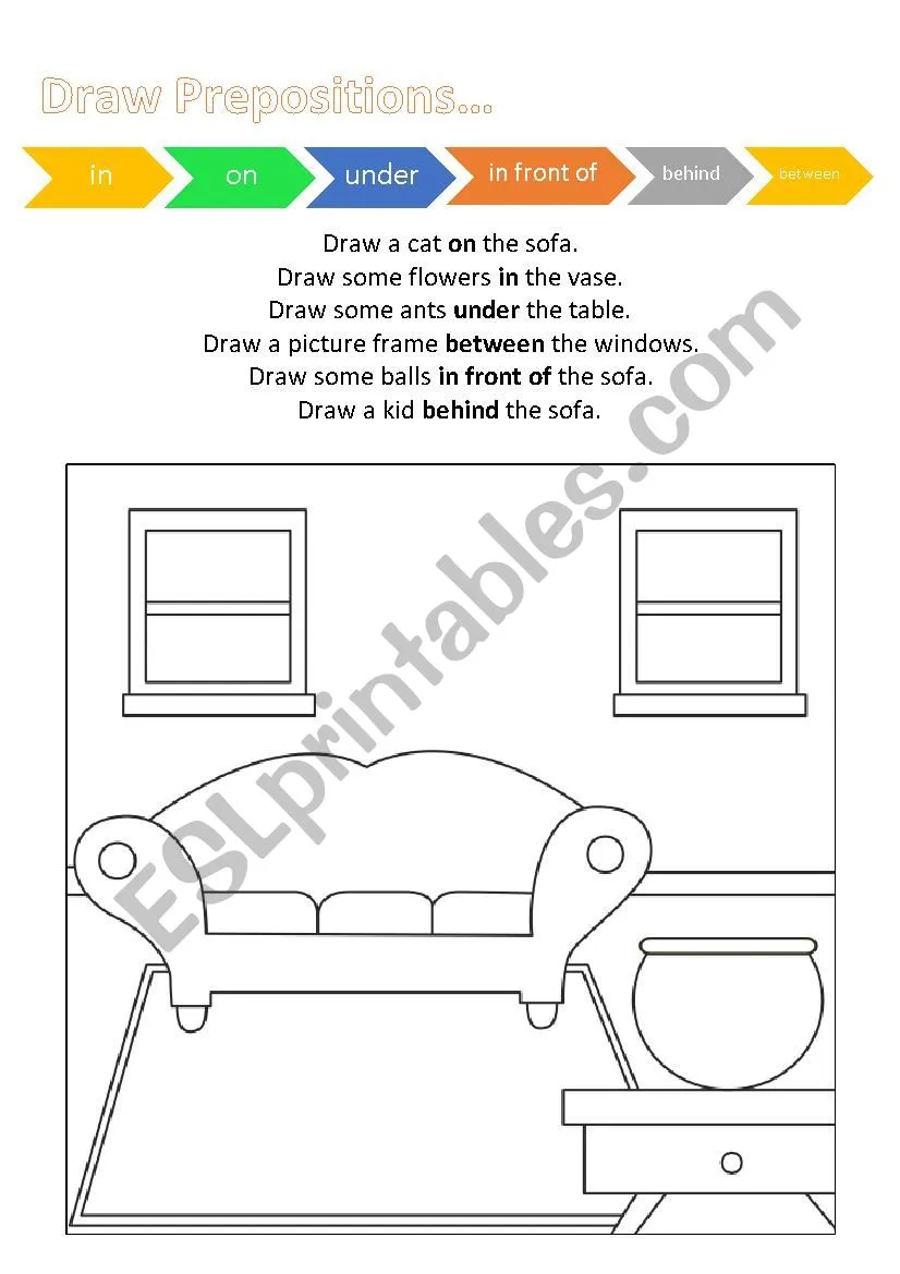 Worksheet for enhancing vocabulary and grammar with drawing prepositions activity Kindergarten children practicing prepositions by drawing objects under, over, and up