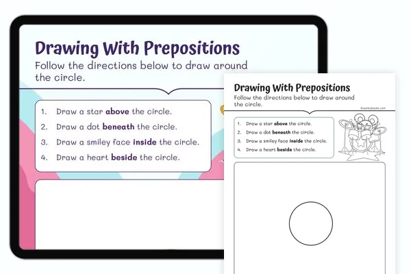 Drawing Prepositions worksheet helping young learners with vocabulary and reading skills 13 Kindergarten children practicing drawing prepositions like under, over, and up on a worksheet