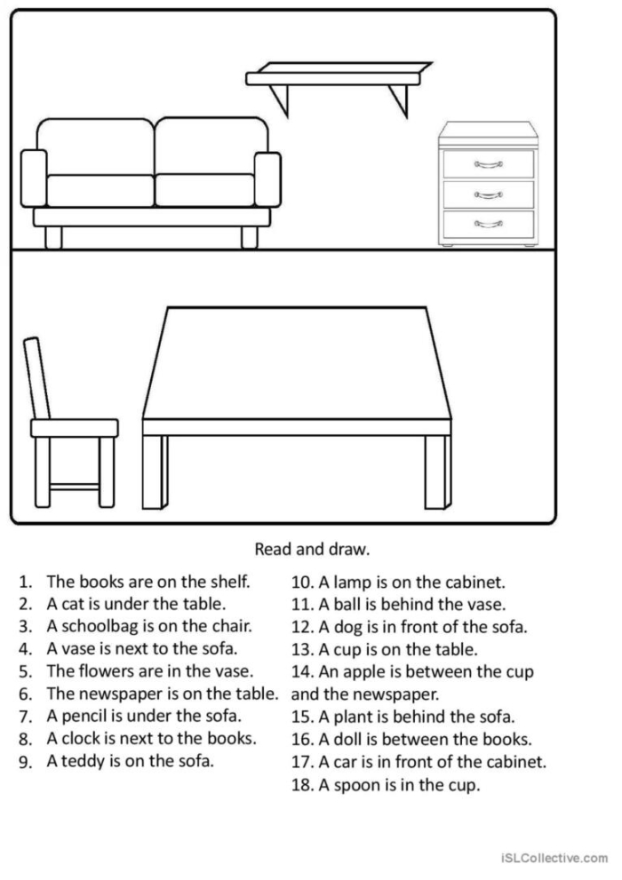 Worksheet for drawing prepositions to enhance vocabulary and reading skills for young learners Kindergarten child practicing prepositions by drawing under and over objects on a worksheet