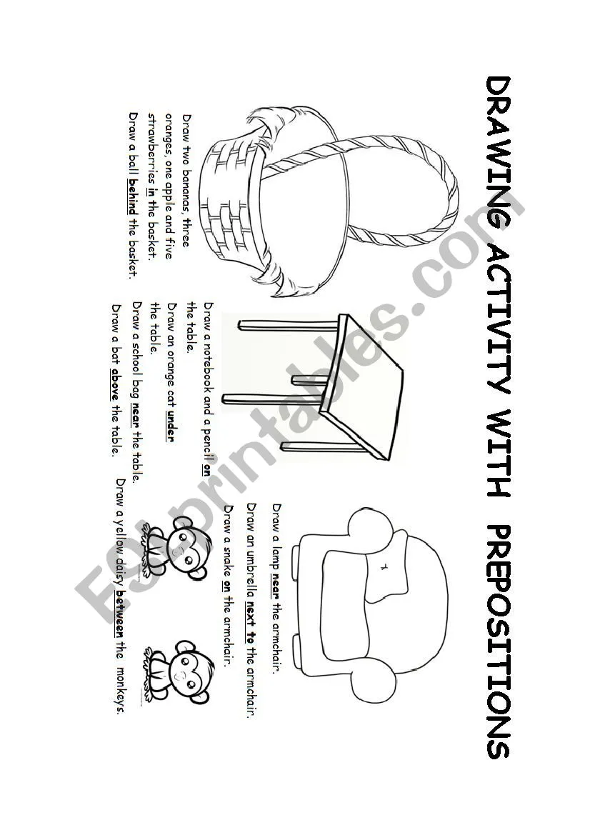 Worksheet for drawing prepositions to support vocabulary and grammar development in young learners Kindergarten child completing a drawing prepositions worksheet to enhance reading skills