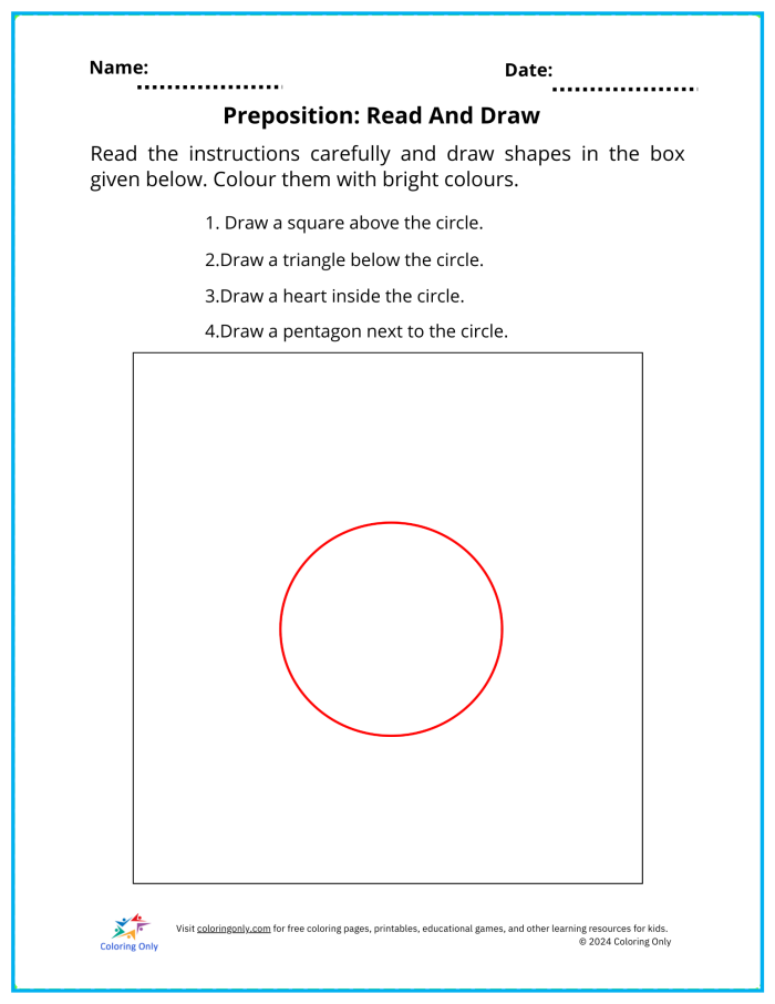 Worksheet for practicing prepositions with fun drawing activities in a kindergarten reading class Kindergarten child completing a drawing prepositions worksheet to enhance grammar and vocabulary