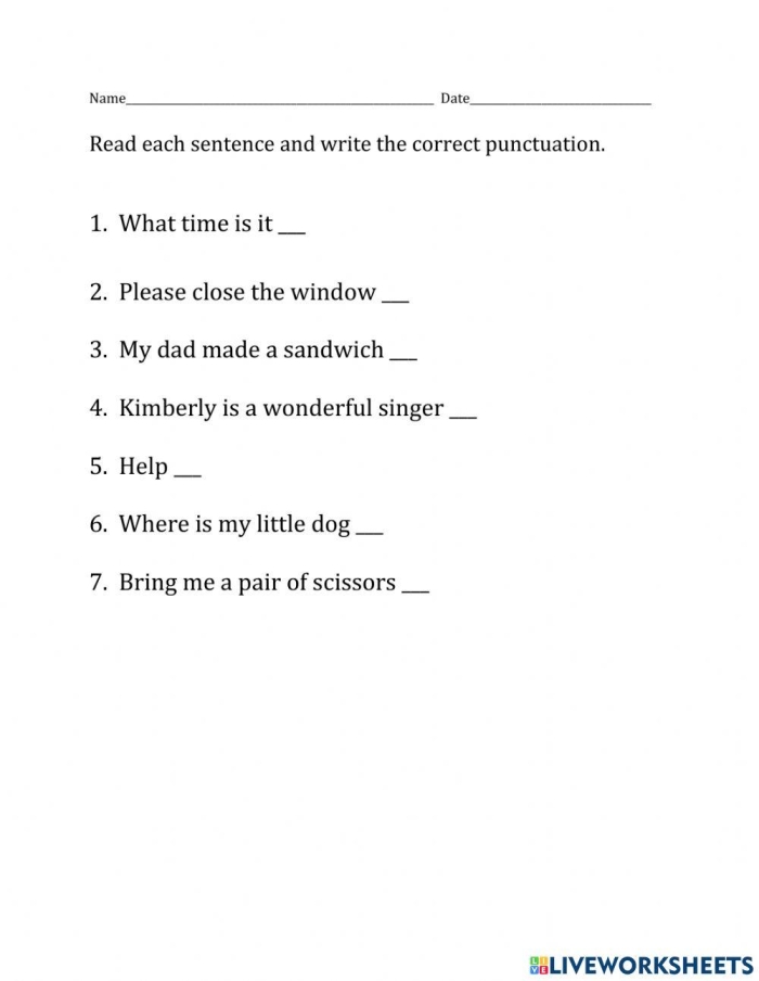 Worksheet 15 for assessing end punctuation skills in young learners within geography context Kindergarten geography worksheet focusing on sentence punctuation with colorful visuals