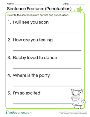 Sentence Features punctuation practice worksheet for young learners in geography class Kindergarten geography worksheet focusing on punctuation and sentence features