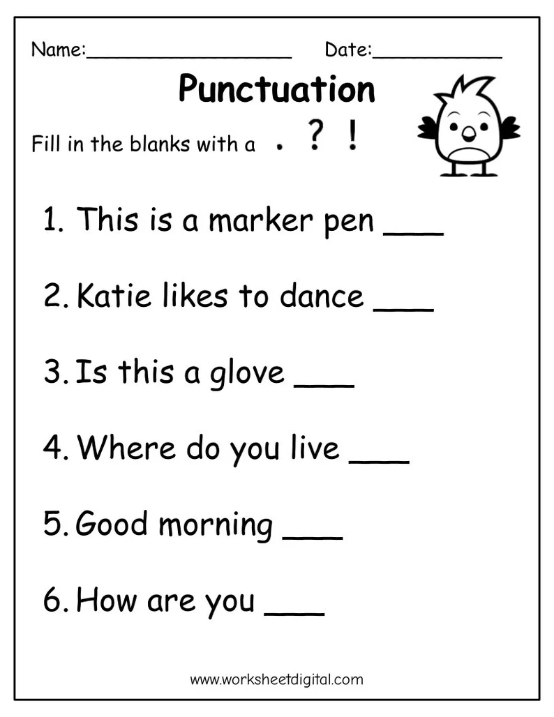 Punctuation practice activity for young learners in geography class Kindergarten geography worksheet focusing on punctuation and sentence features