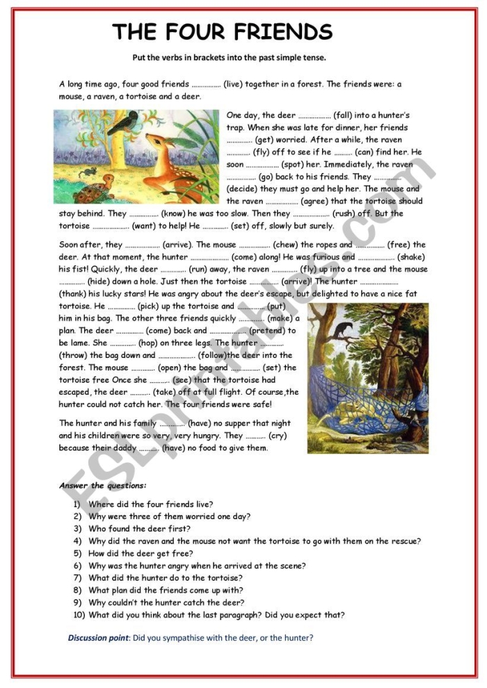 Kindergarten Four Friends worksheet featuring a poem by A.A. Milne and comprehension questions